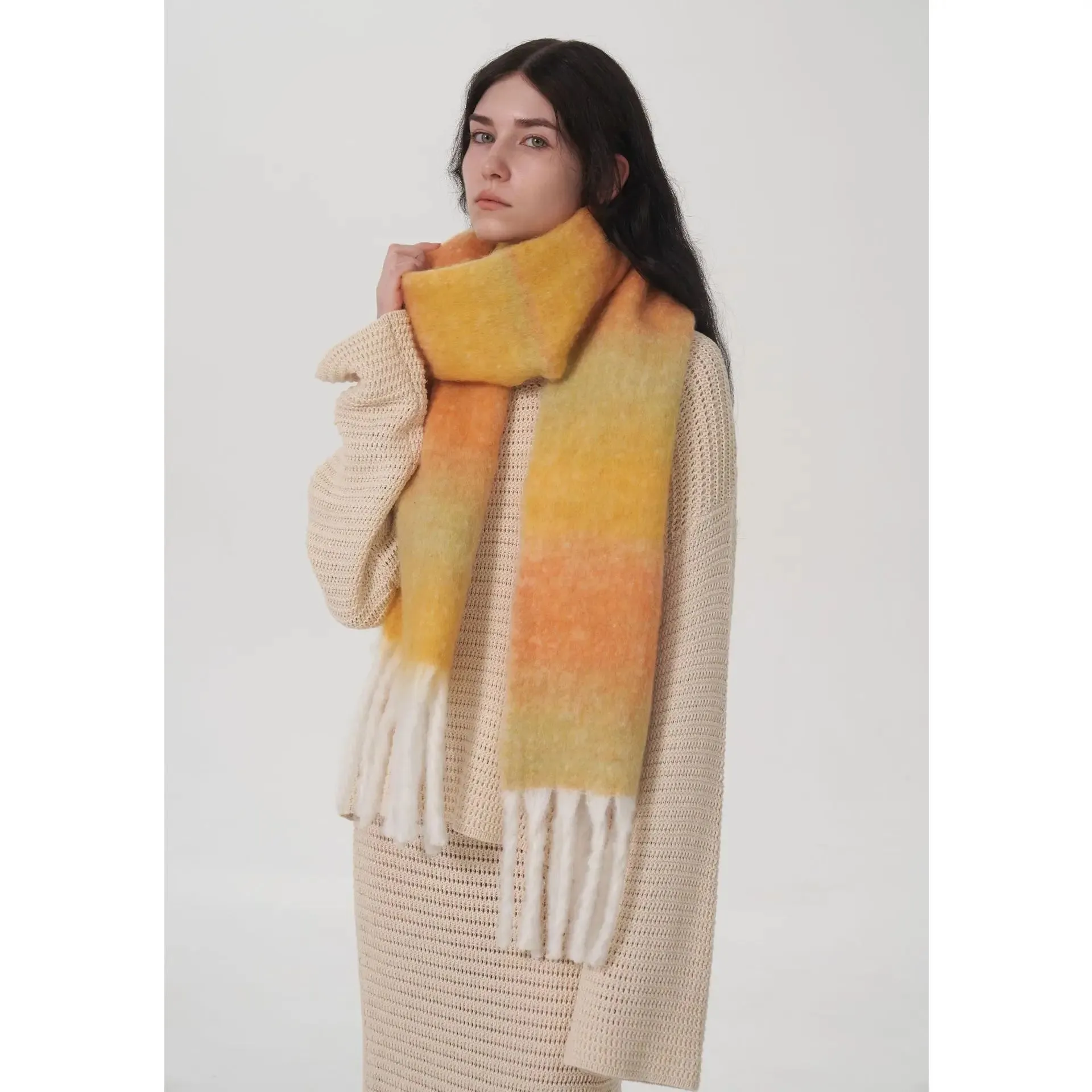 Design Light Luxury Models Gradient Color Wool Striped Fringed Mohair Scarf