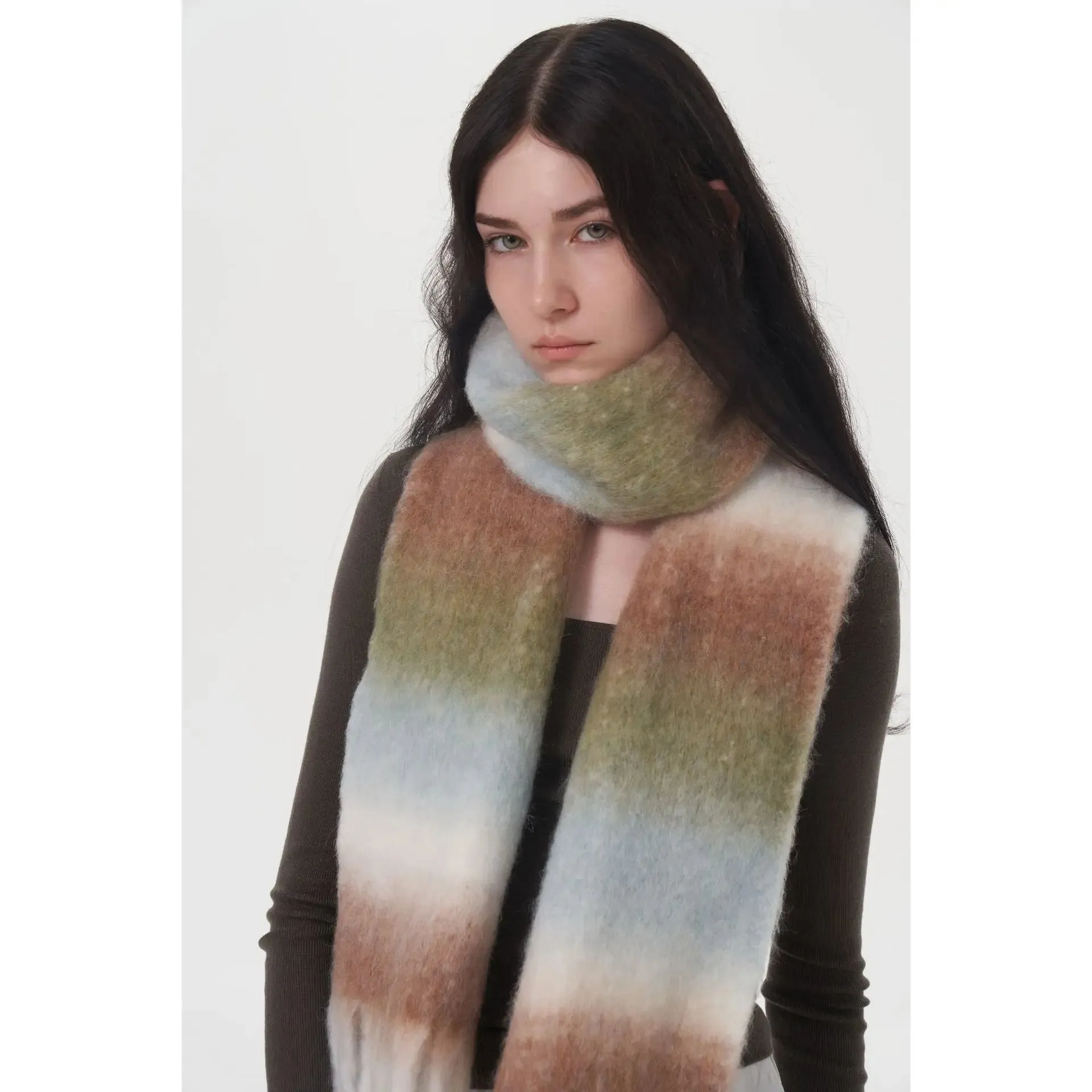 Design Light Luxury Models Gradient Color Wool Striped Fringed Mohair Scarf