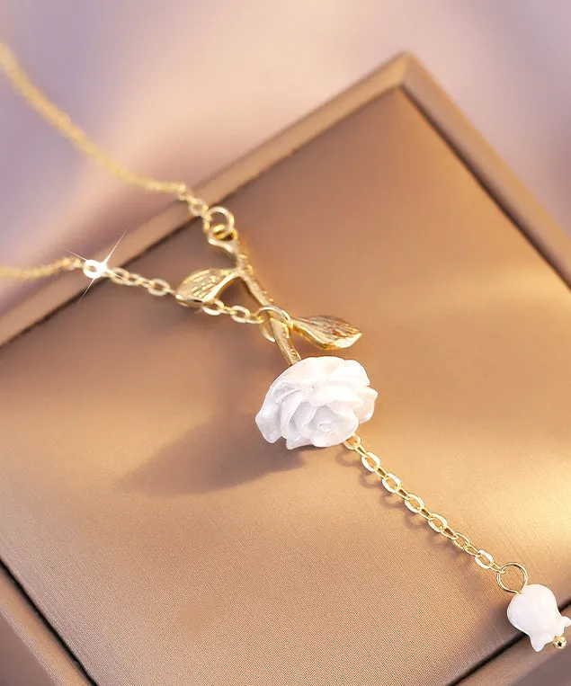 DIY White Copper Overgild Rose Floral Tassel Pendant Necklace LY1792