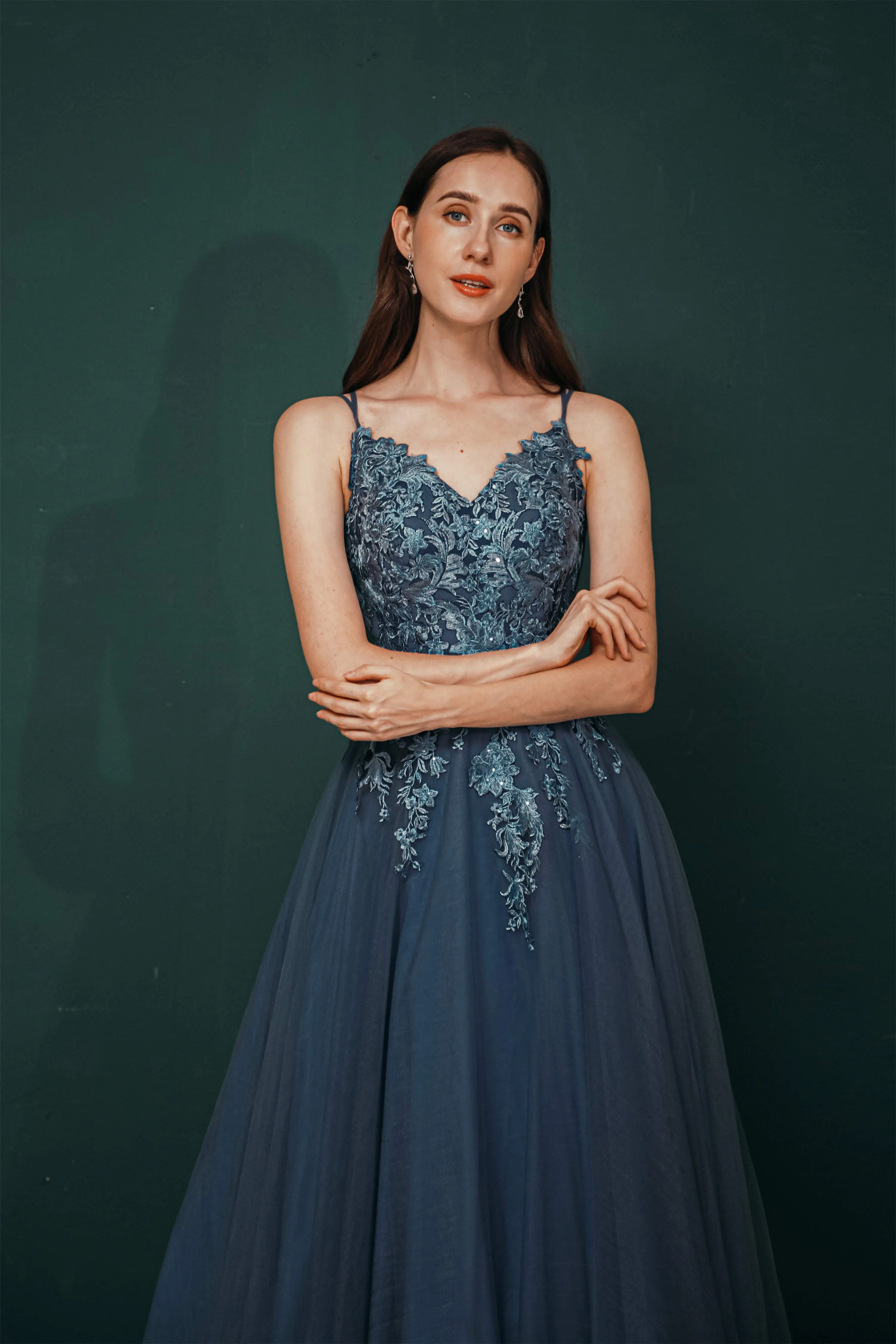 Dusty Blue Tulle A-line Low back Spaghetti strap Prom Dresses