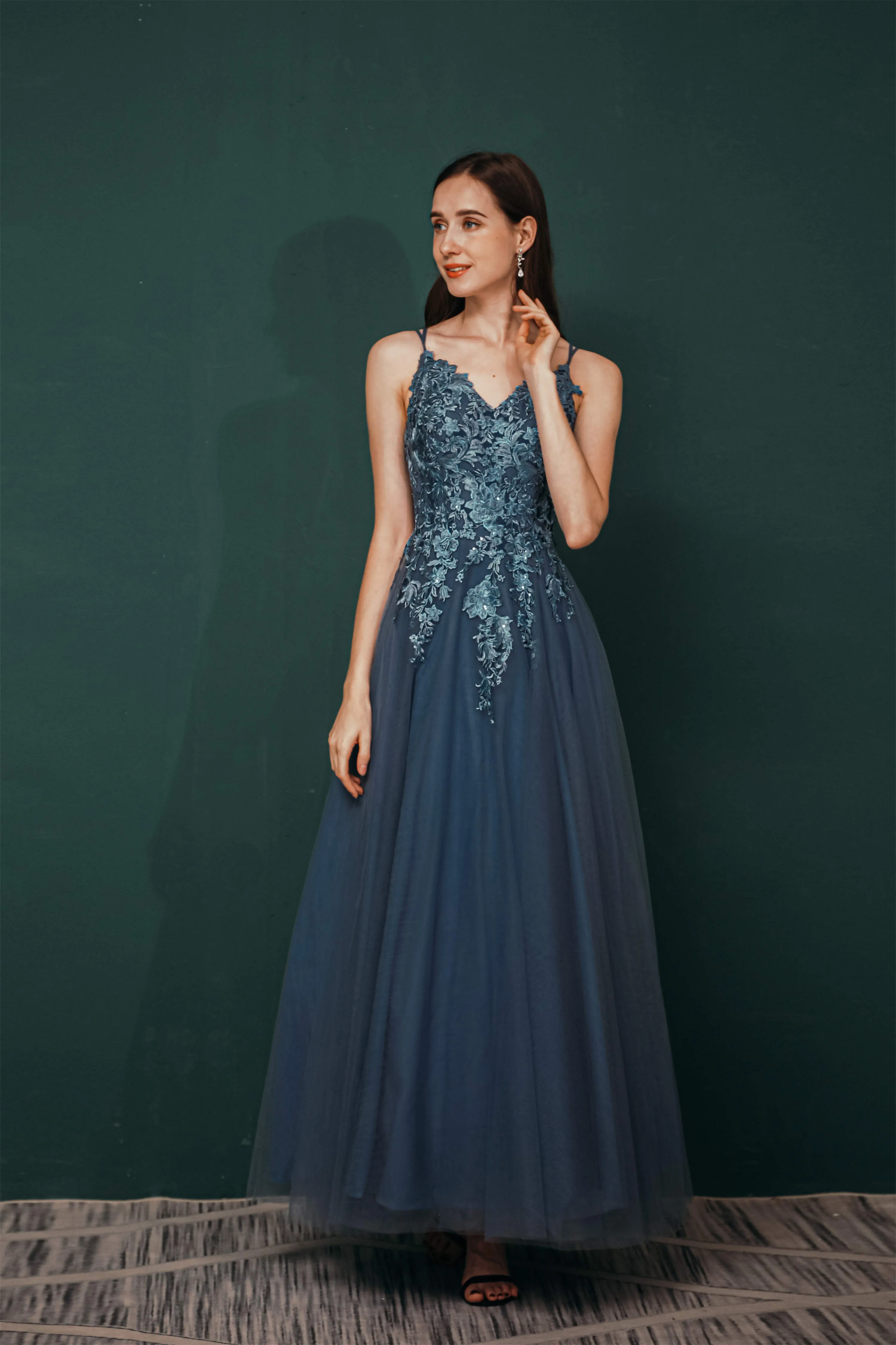 Dusty Blue Tulle A-line Low back Spaghetti strap Prom Dresses