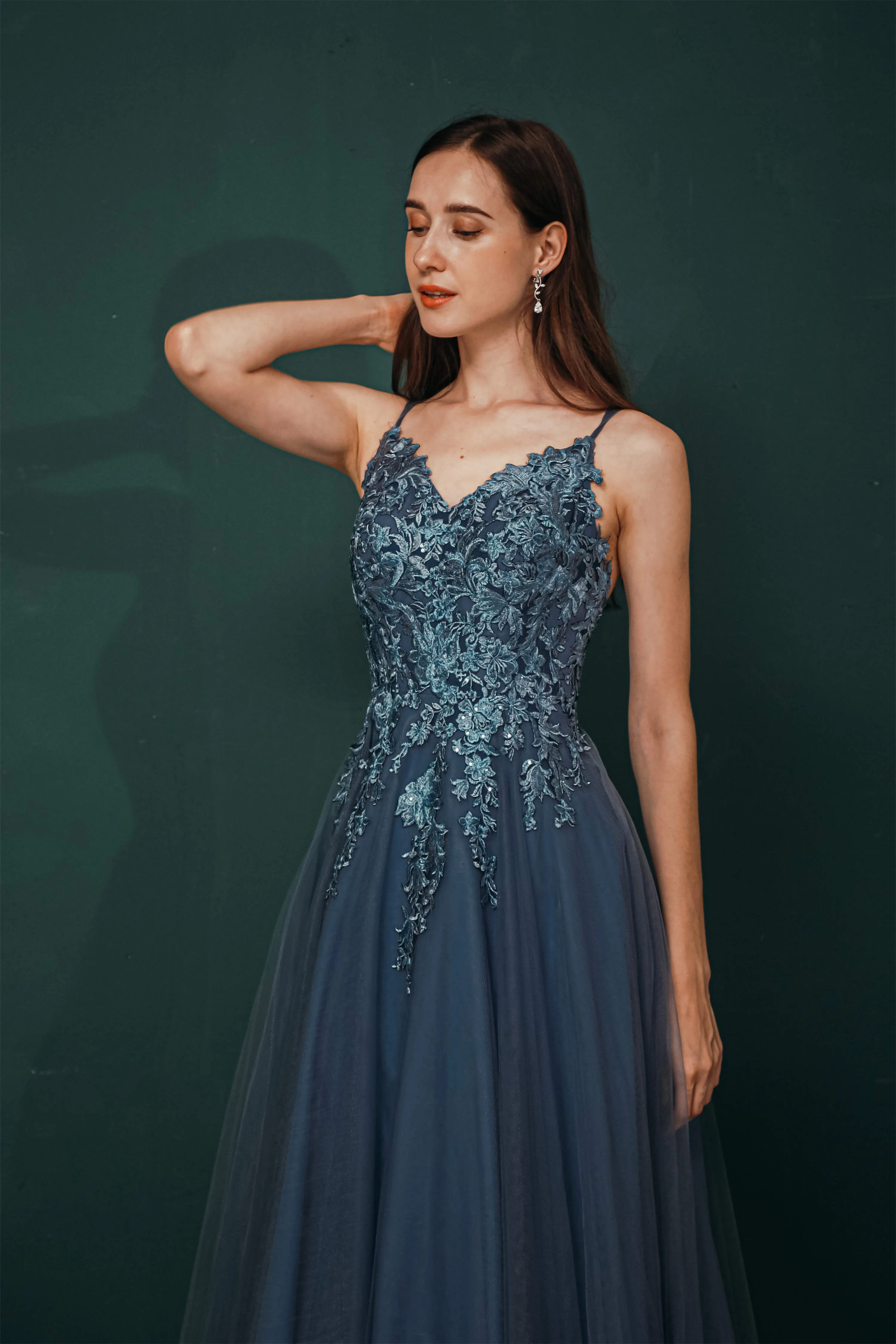 Dusty Blue Tulle A-line Low back Spaghetti strap Prom Dresses