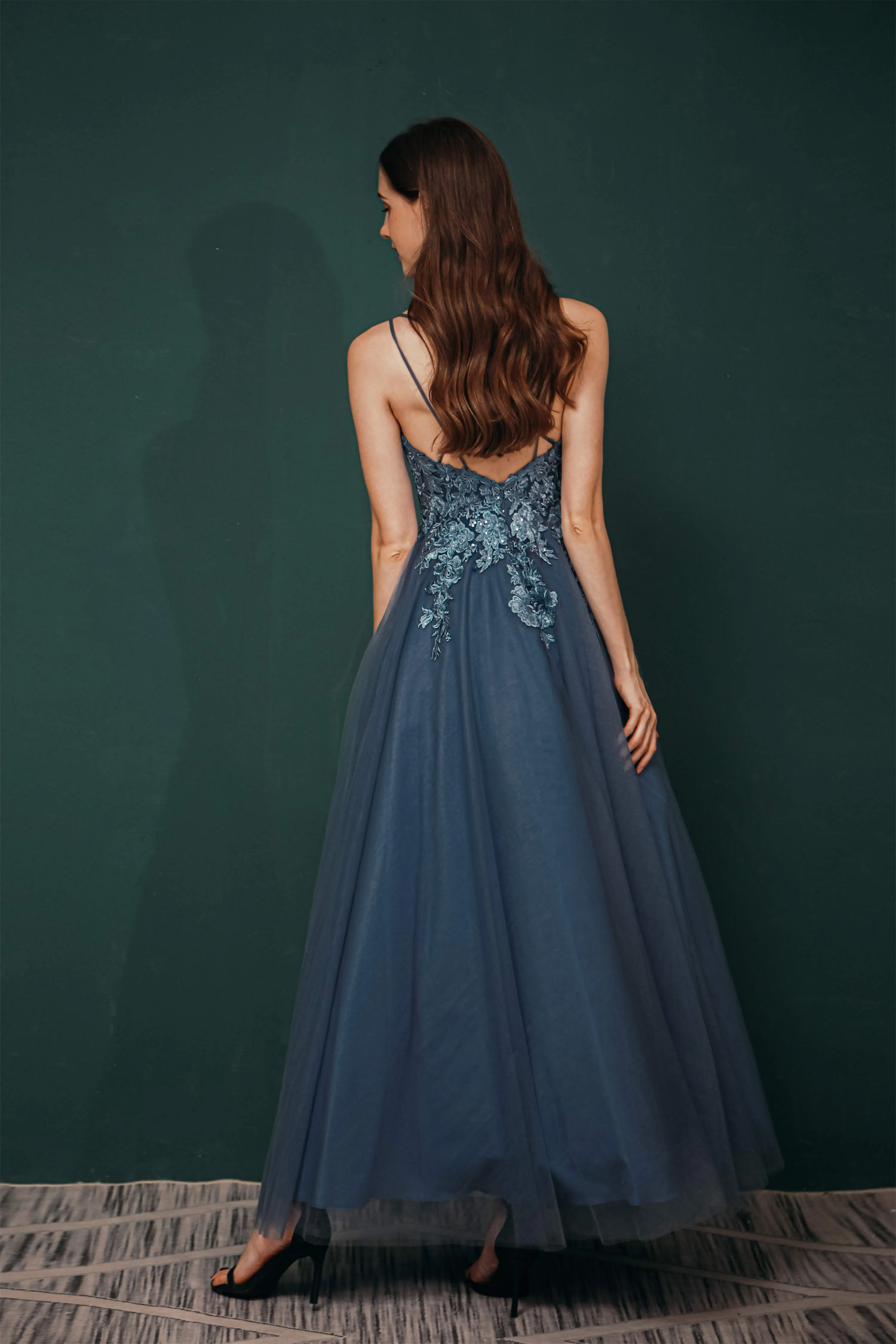 Dusty Blue Tulle A-line Low back Spaghetti strap Prom Dresses