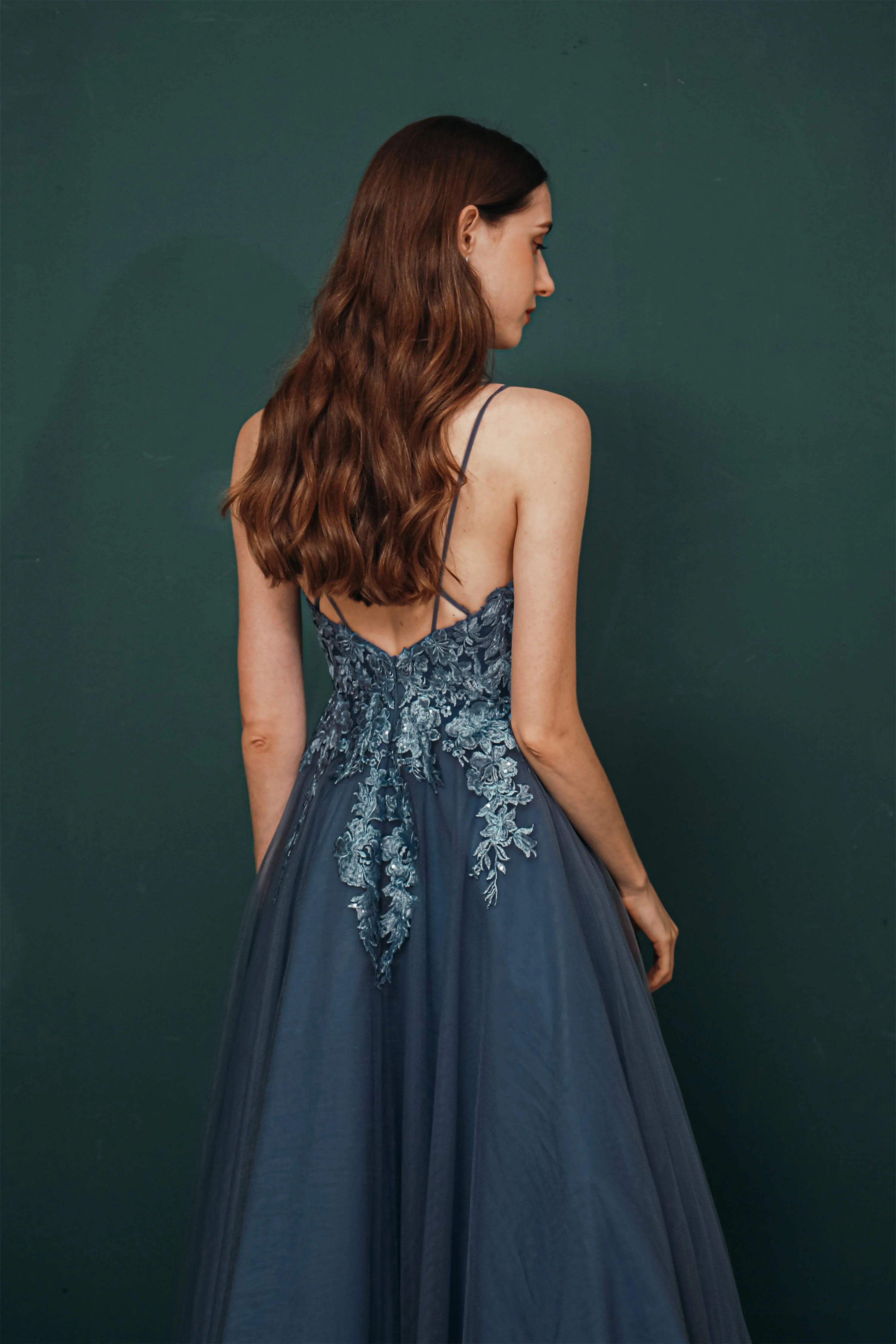 Dusty Blue Tulle A-line Low back Spaghetti strap Prom Dresses