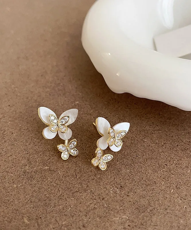 Elegant White Sterling Silver Overgild Zircon Floral Butterfly Stud Earrings QZ009