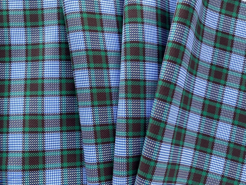 Emerald & Cornflower Houndstooth Plaid 2-Ply Cotton Twill Shirting (Made in Italy)