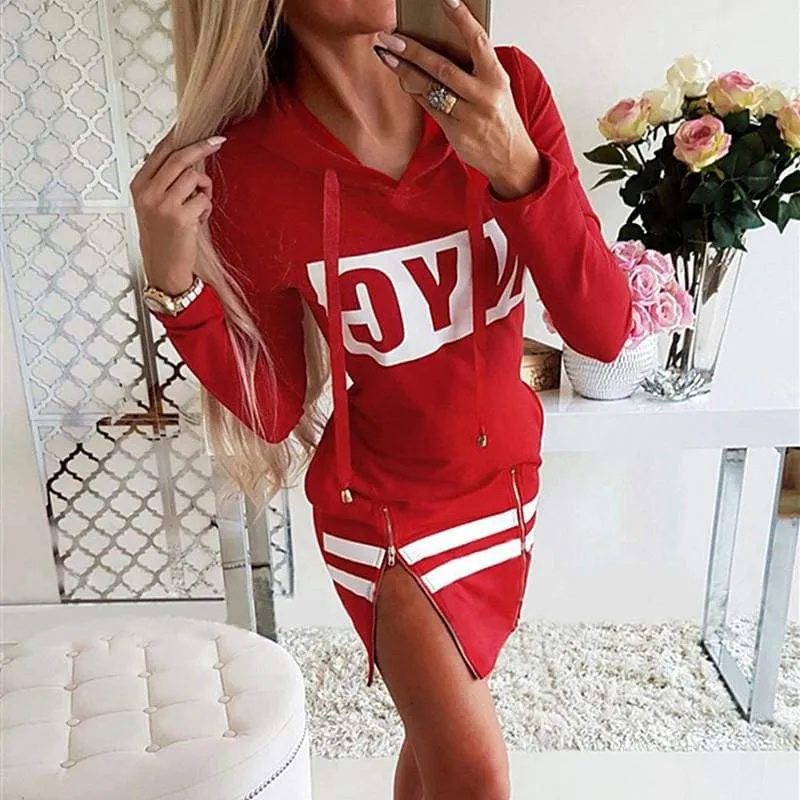 FashionSierra - Letter Print Hooded Long Sleeve Sweatshirt Dress Women Autumn Spring Loose Hoodie Casual Red Gray Black Clothes Shirt Dresses