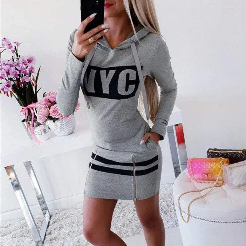 FashionSierra - Letter Print Hooded Long Sleeve Sweatshirt Dress Women Autumn Spring Loose Hoodie Casual Red Gray Black Clothes Shirt Dresses