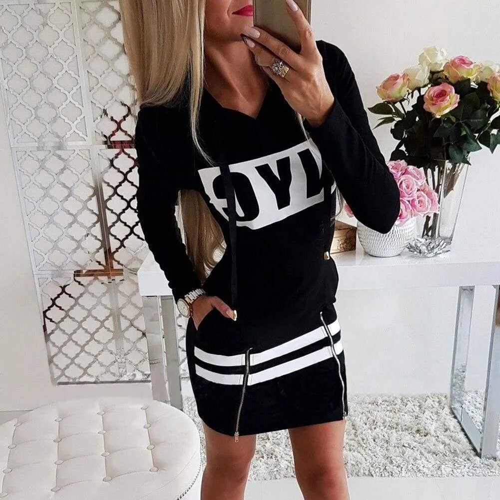 FashionSierra - Letter Print Hooded Long Sleeve Sweatshirt Dress Women Autumn Spring Loose Hoodie Casual Red Gray Black Clothes Shirt Dresses