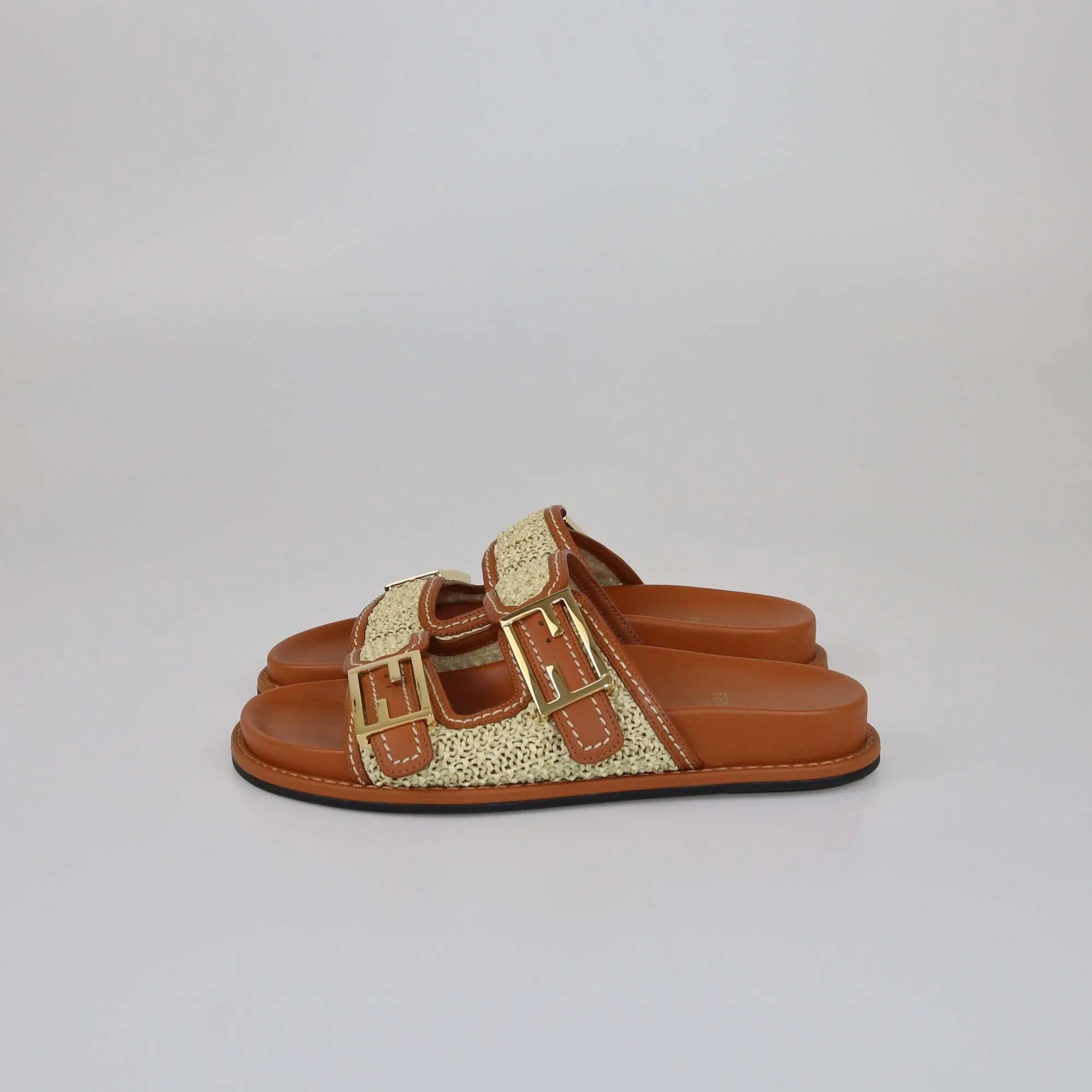 Fendi Brown/Natural Raffia FF Buckle Slides