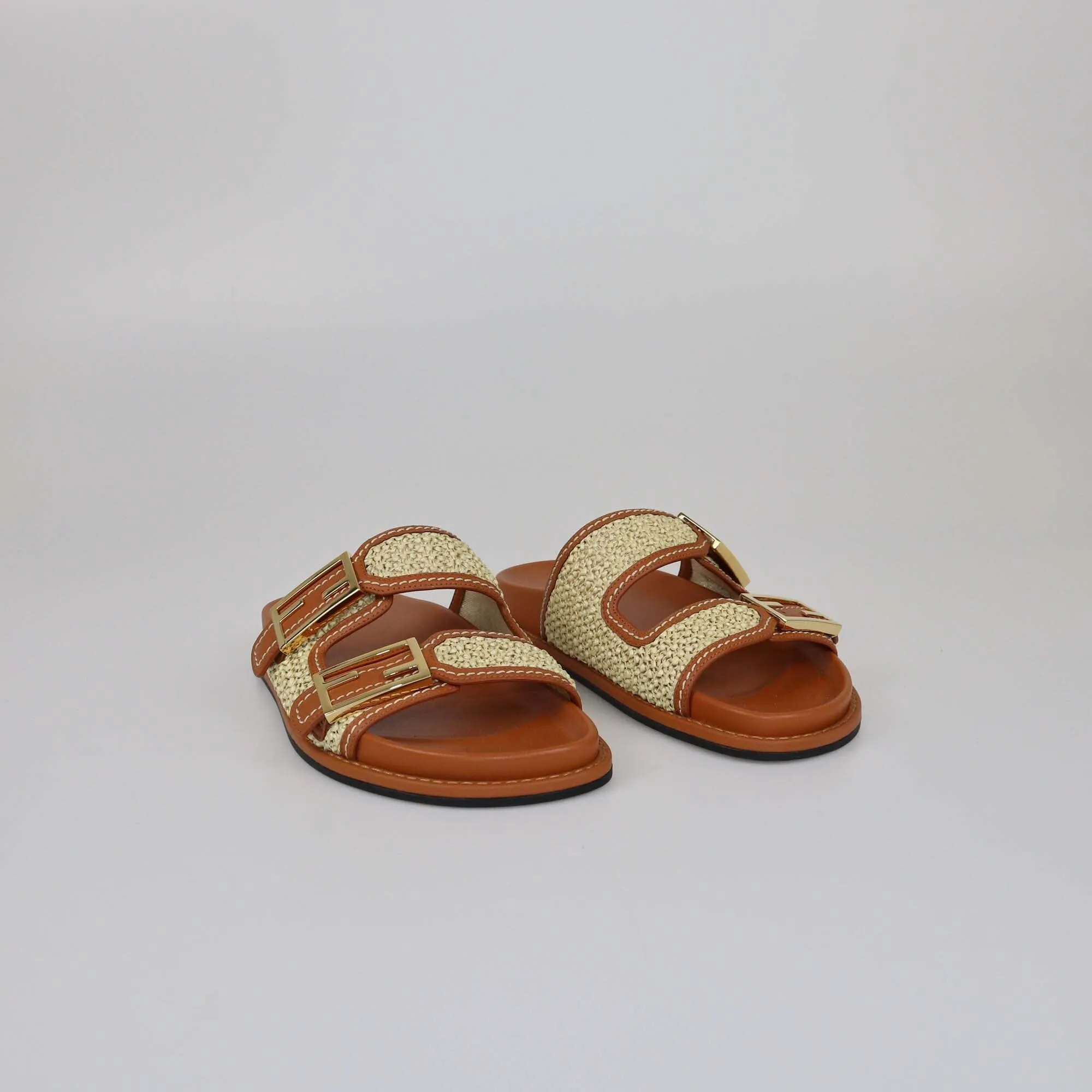 Fendi Brown/Natural Raffia FF Buckle Slides