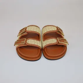 Fendi Brown/Natural Raffia FF Buckle Slides