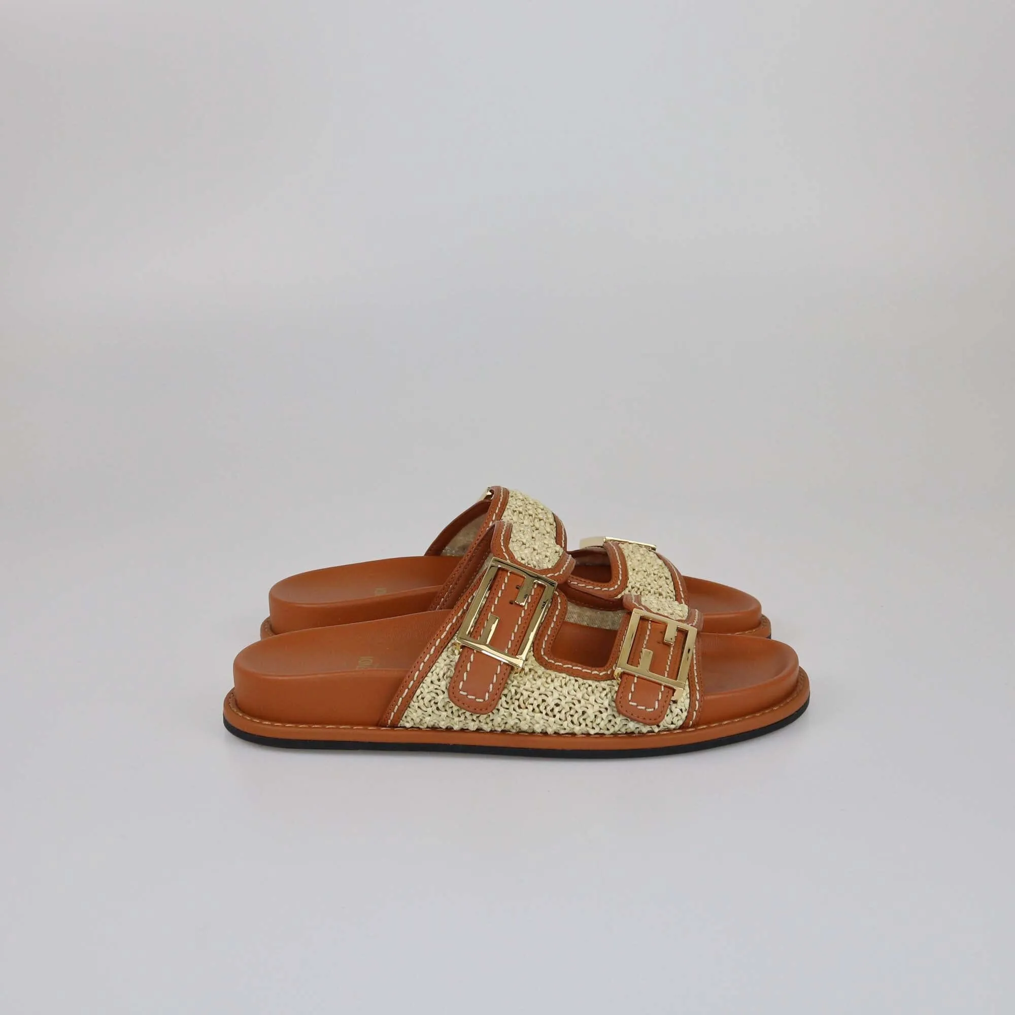 Fendi Brown/Natural Raffia FF Buckle Slides