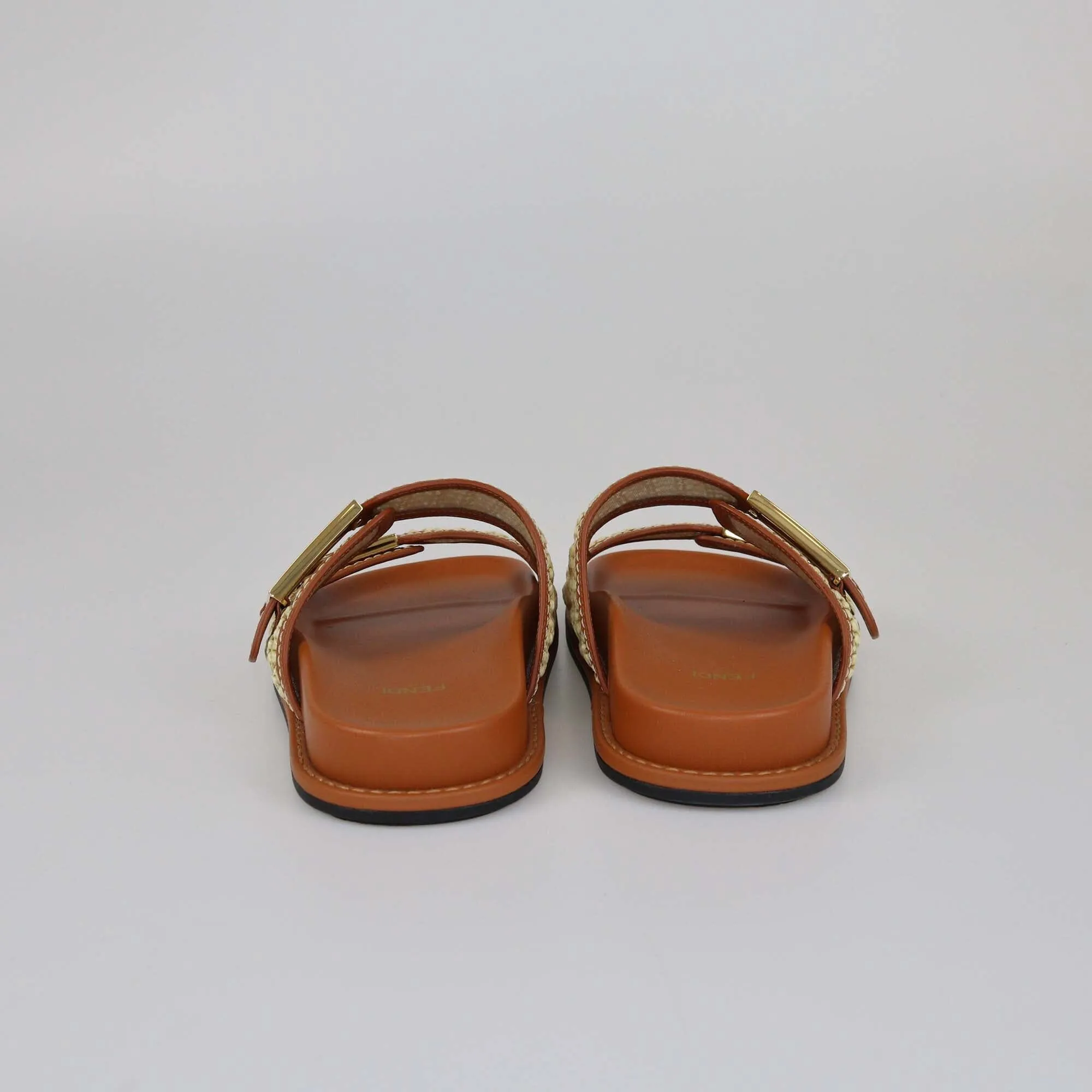 Fendi Brown/Natural Raffia FF Buckle Slides