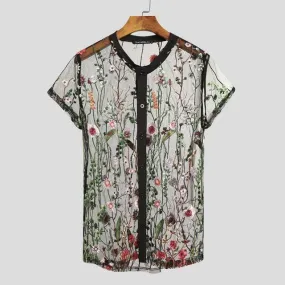 Floral Embroidery See-Through V-Neck Shirt