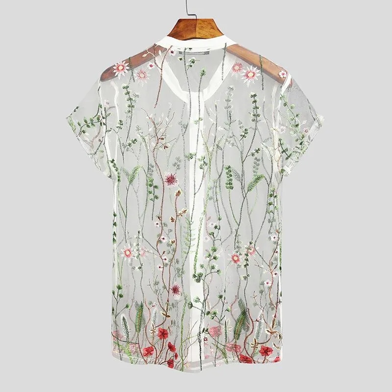 Floral Embroidery See-Through V-Neck Shirt