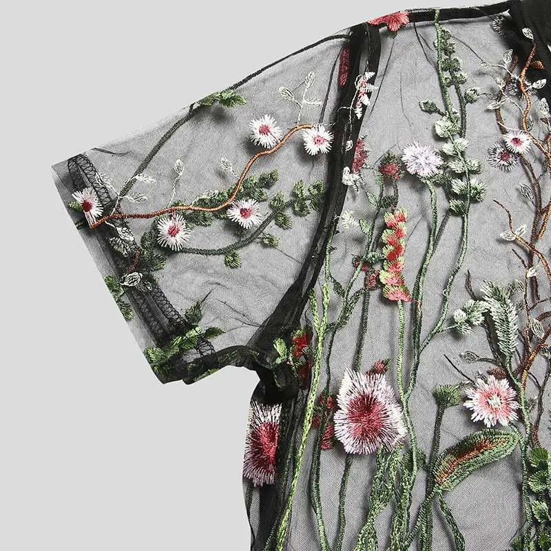 Floral Embroidery See-Through V-Neck Shirt