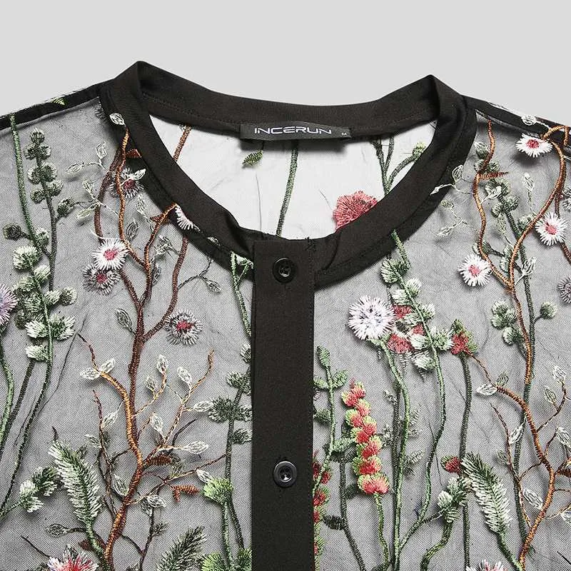 Floral Embroidery See-Through V-Neck Shirt