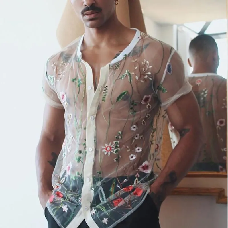 Floral Embroidery See-Through V-Neck Shirt