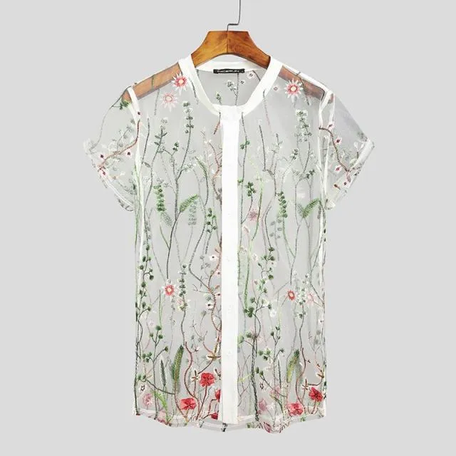 Floral Embroidery See-Through V-Neck Shirt