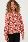 Girls Floral Print Ruffled Collar Top