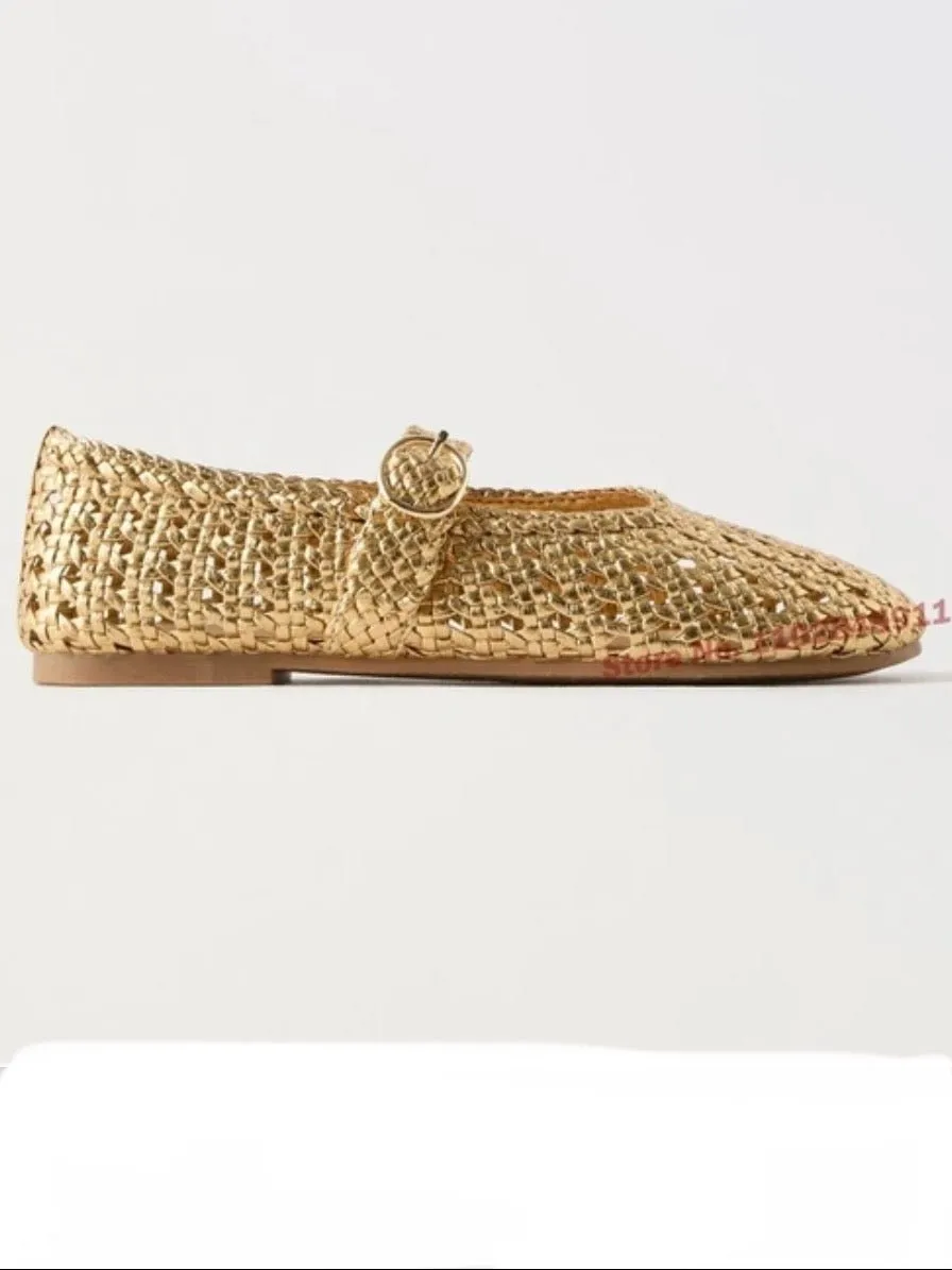 Gold straw flats shoes