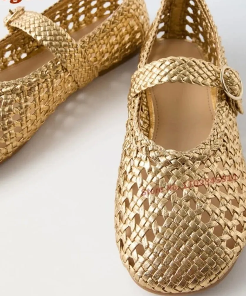 Gold straw flats shoes