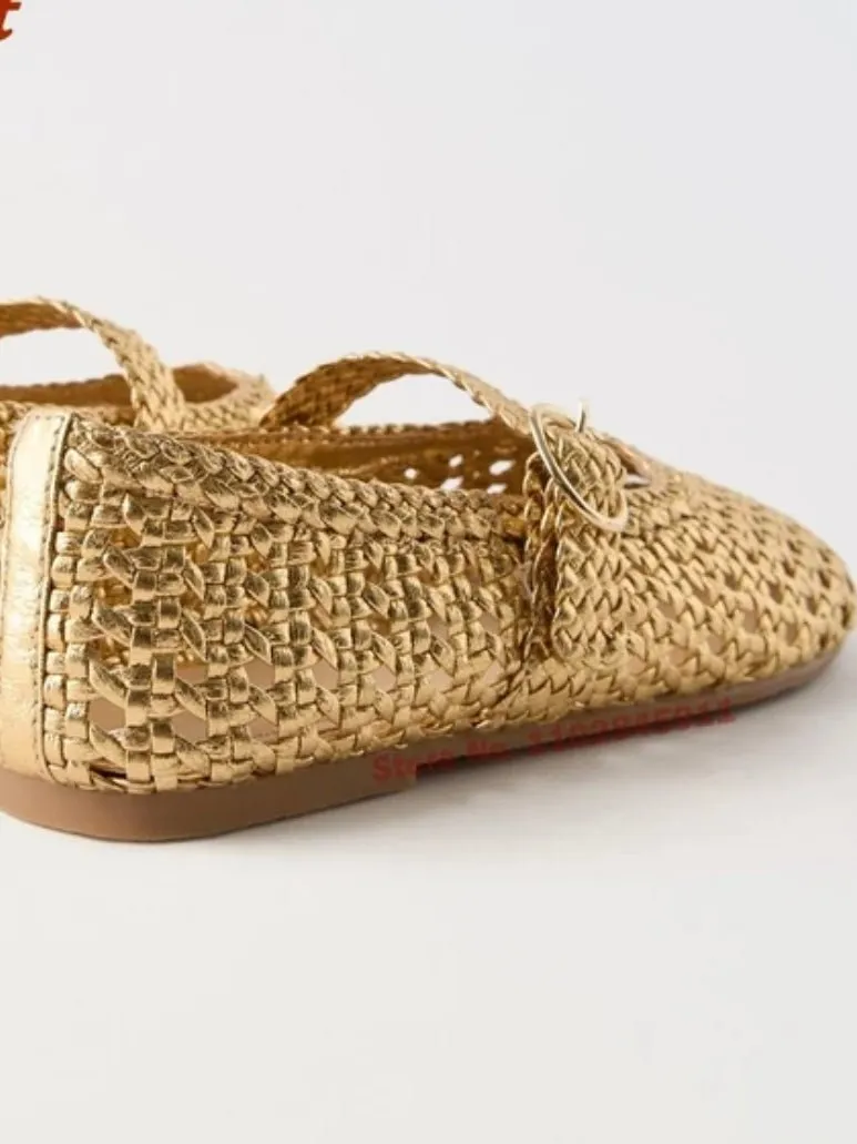 Gold straw flats shoes