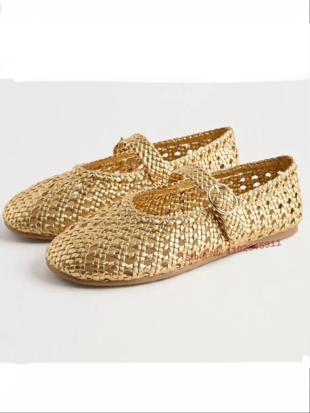 Gold straw flats shoes