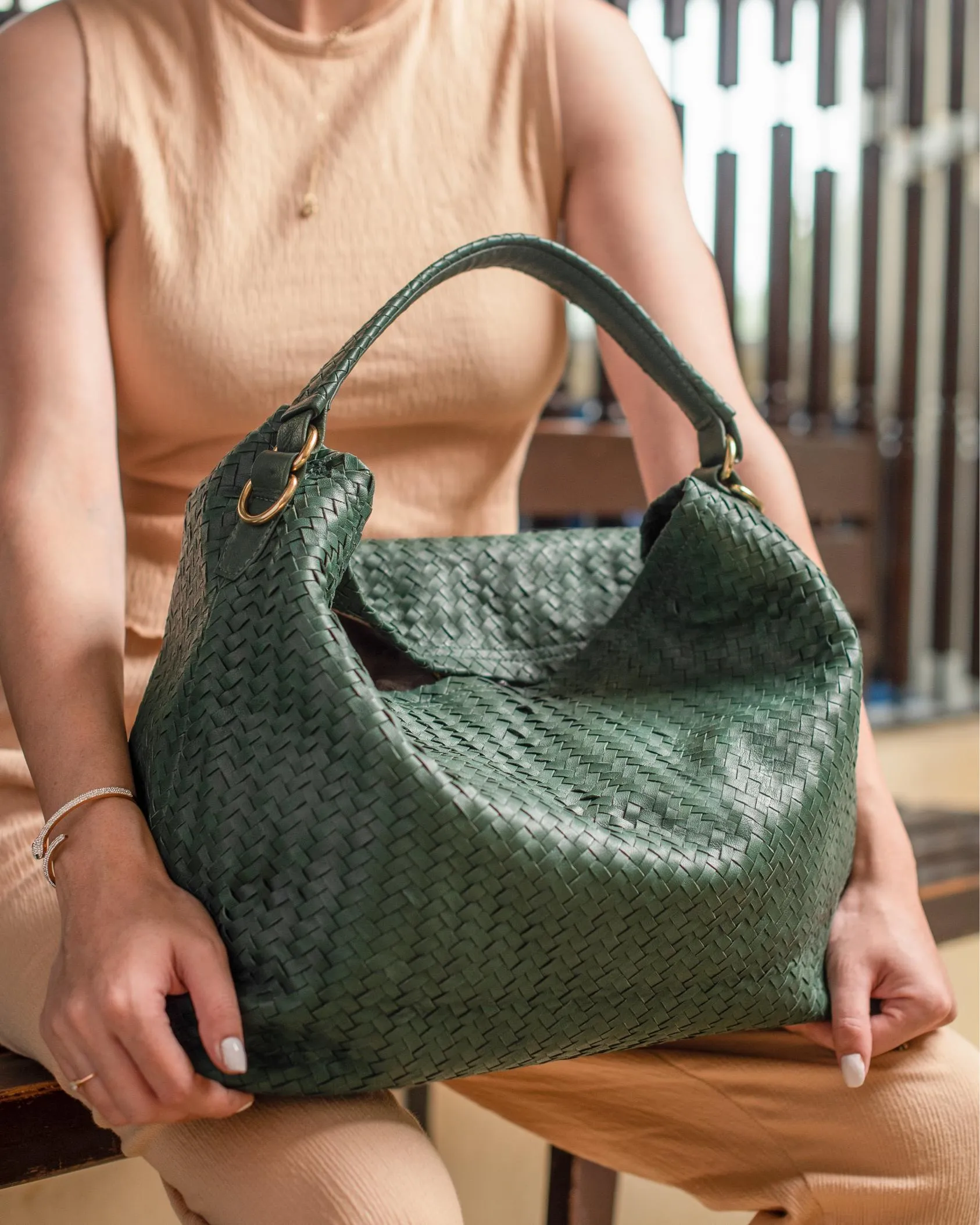 Handmade Woven Original Green Leather Bag