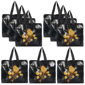 Heart Home Rose Printed Laminated Non Woven Party Favor Gift Bag, Tote Bag, Carry Bags with Handles- Pack of 9 (Black)-50HH01132