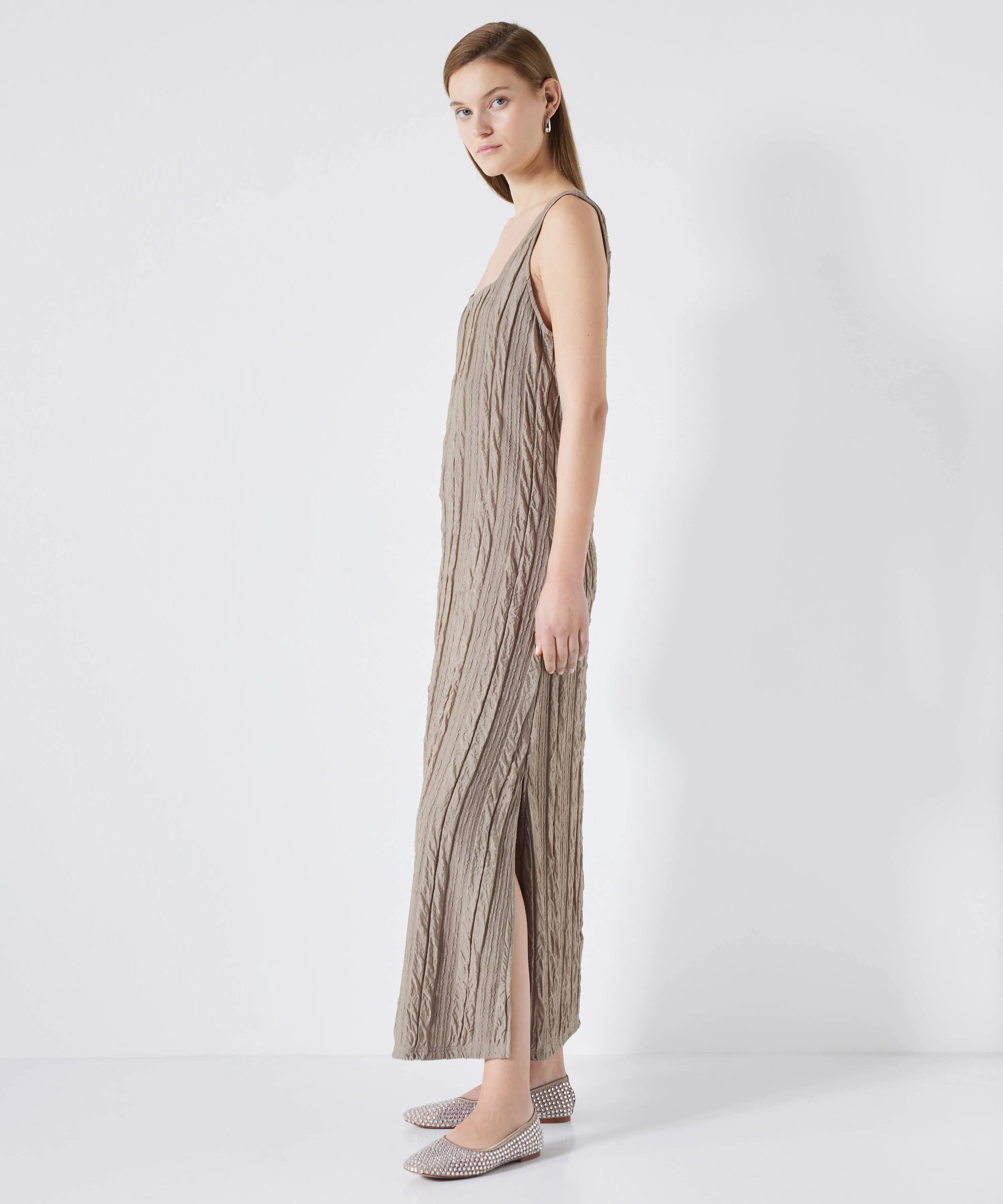 Ipekyol Textured Square Neck Dress Light Brown