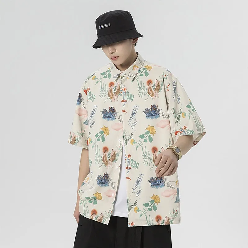 Jinquedai Oversized Spring Summer Flower Mens Loose and Versatile Trendy Shirt Couple Shirts Short Sleeve