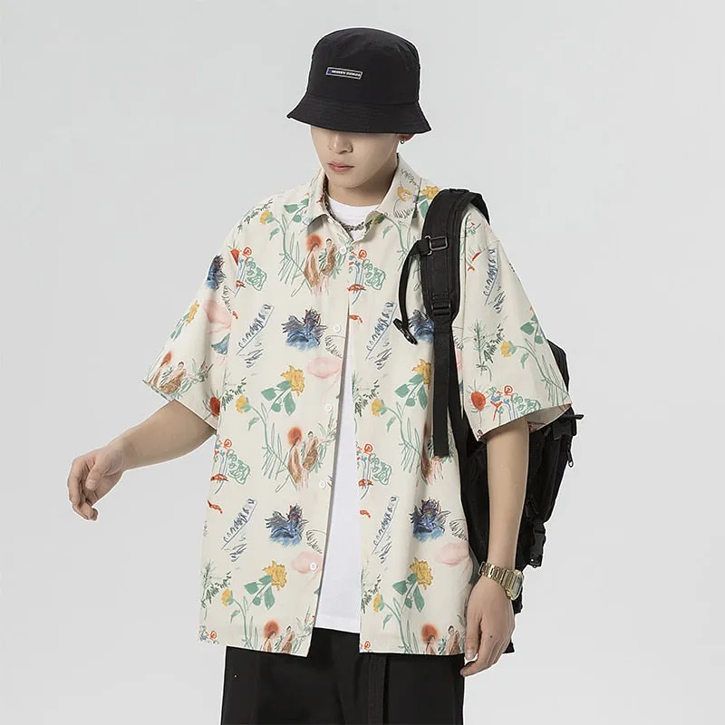 Jinquedai Oversized Spring Summer Flower Mens Loose and Versatile Trendy Shirt Couple Shirts Short Sleeve