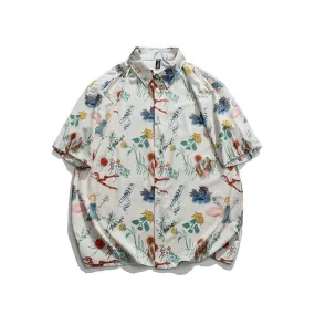 Jinquedai Oversized Spring Summer Flower Mens Loose and Versatile Trendy Shirt Couple Shirts Short Sleeve