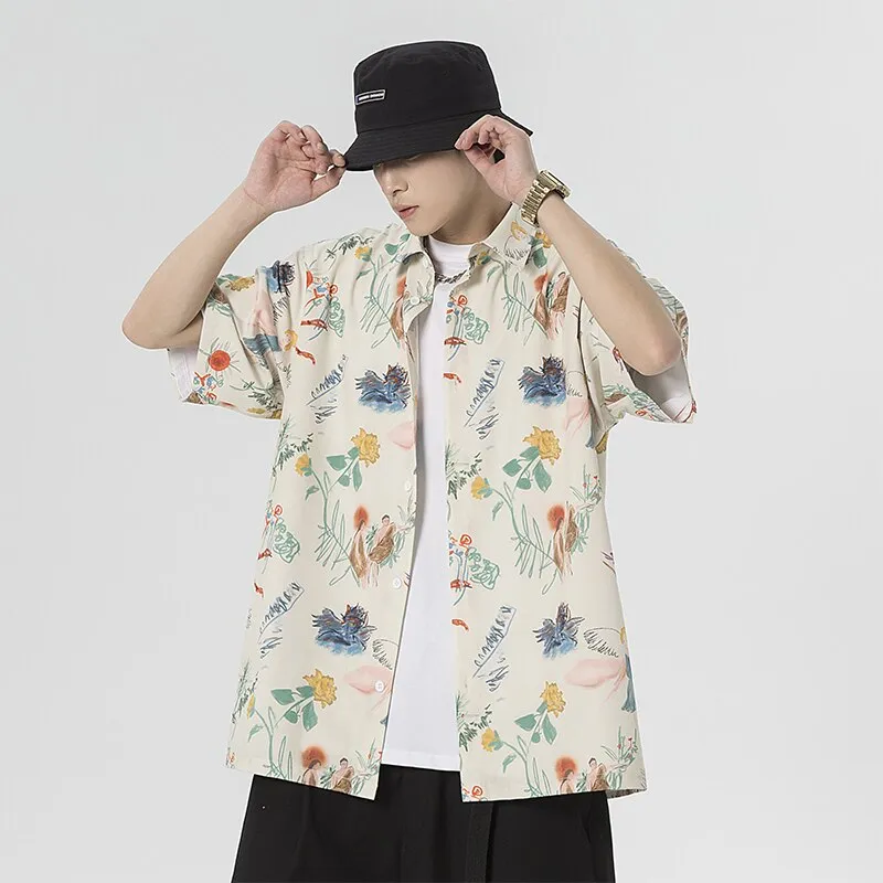 Jinquedai Oversized Spring Summer Flower Mens Loose and Versatile Trendy Shirt Couple Shirts Short Sleeve