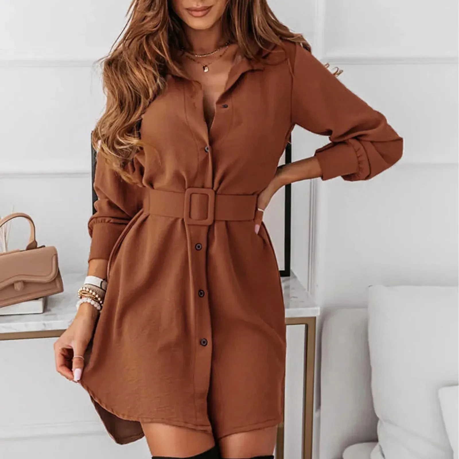 Knee-Length Casual A-Line Slim Fit Shirt Dress with Long Sleeves