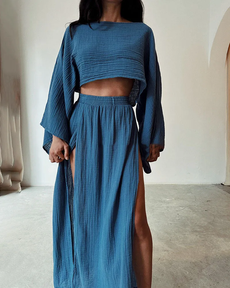 Linen Blended Cropped Top High Waist Slit Two-piece Suit