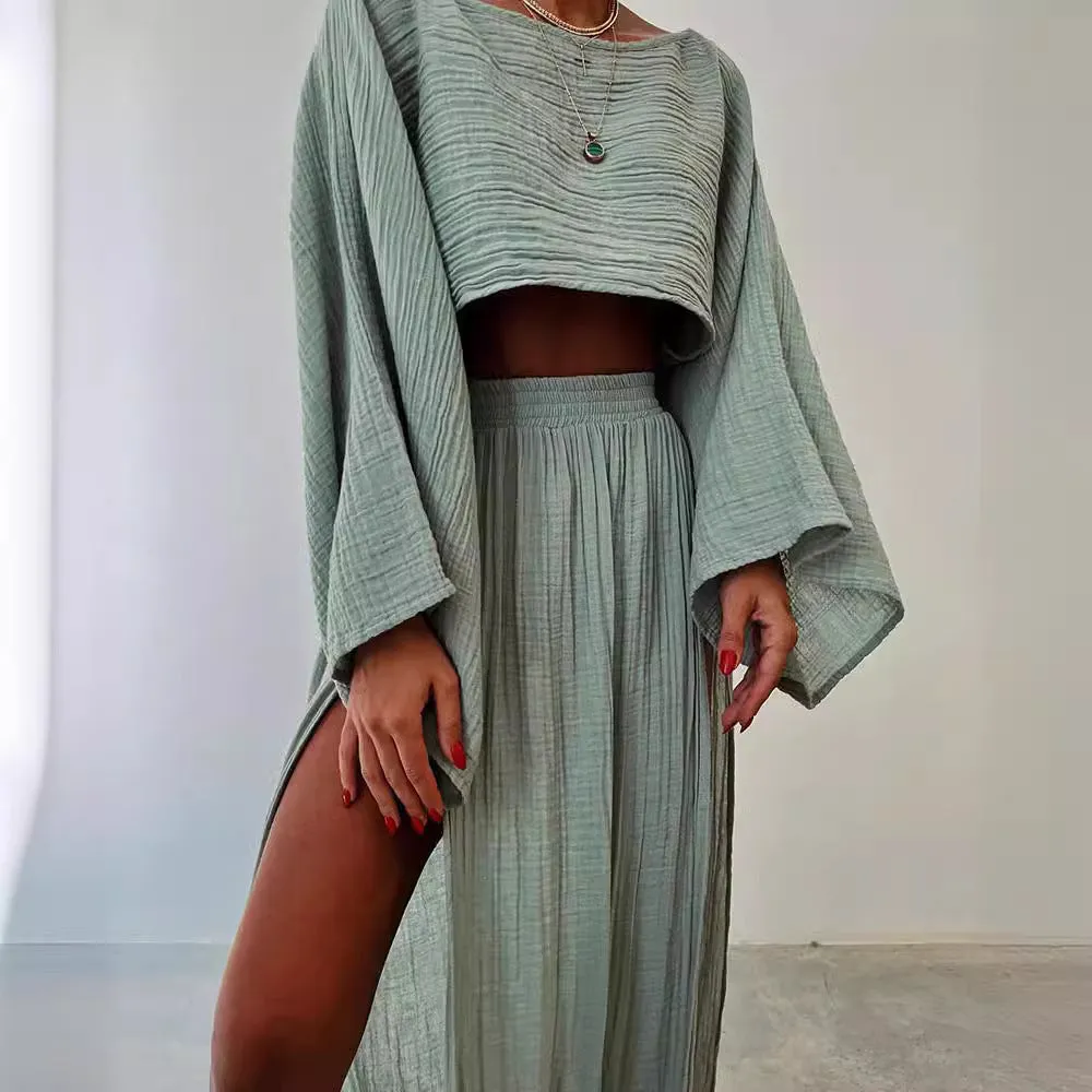 Linen Blended Cropped Top High Waist Slit Two-piece Suit