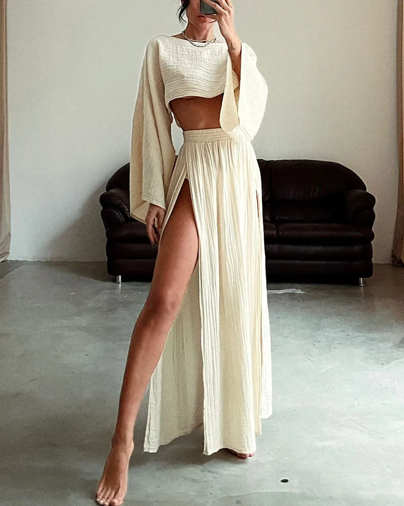 Linen Blended Cropped Top High Waist Slit Two-piece Suit