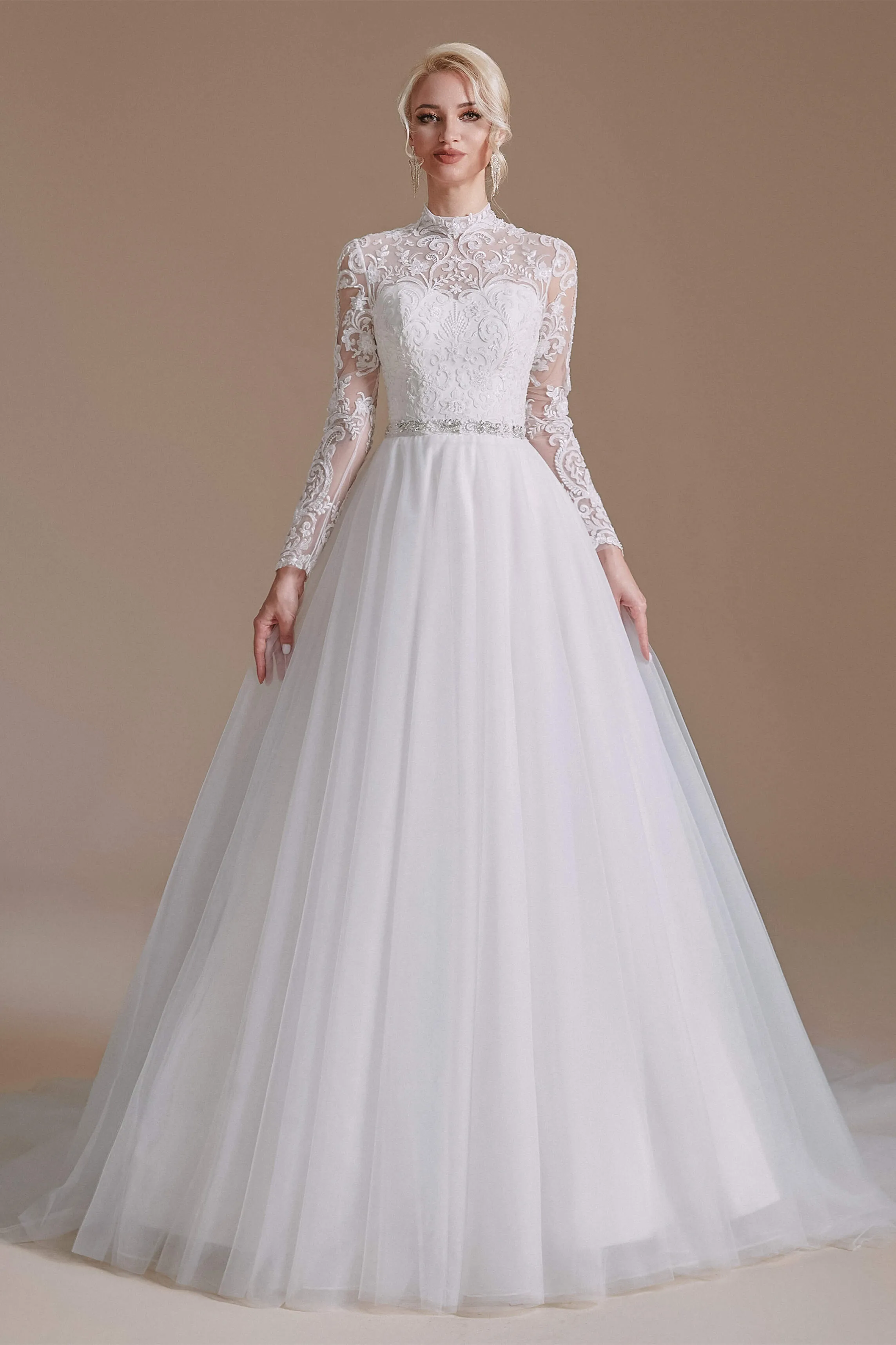 Long Sleeves High Neck with Tulle Train Full A-Line Wedding Dresses