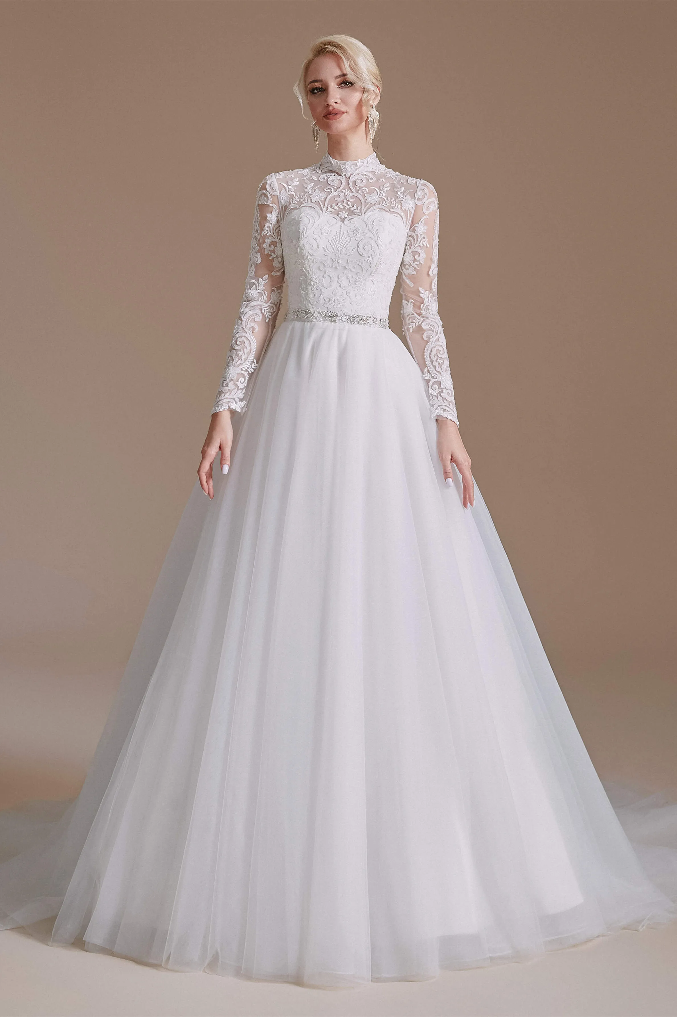 Long Sleeves High Neck with Tulle Train Full A-Line Wedding Dresses