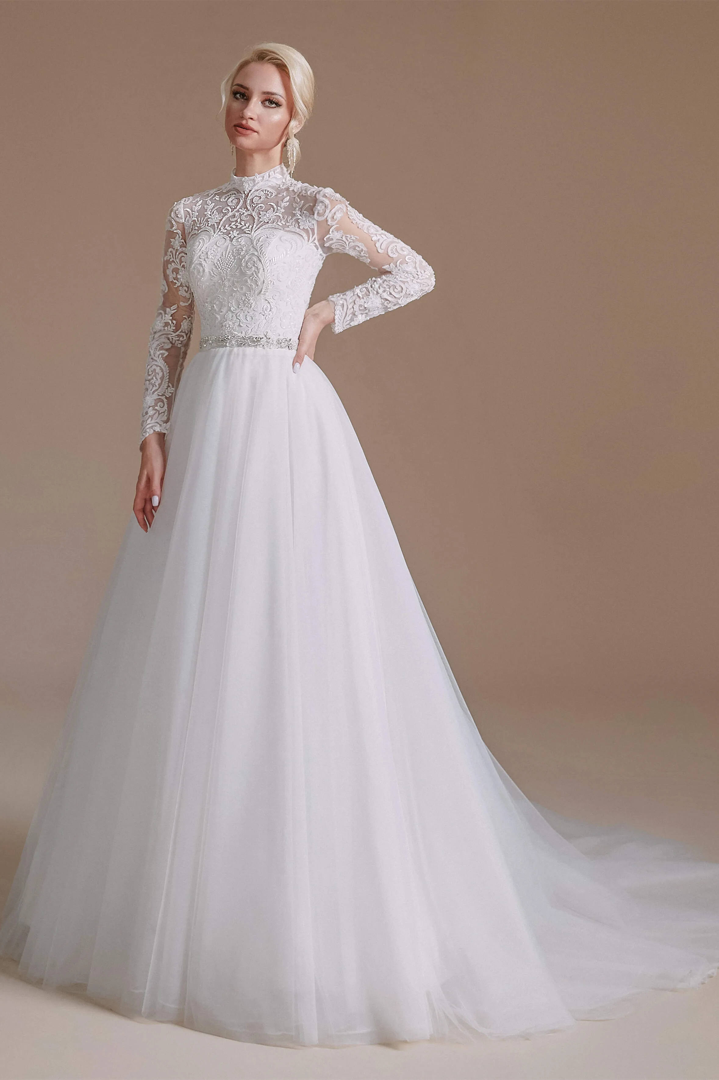 Long Sleeves High Neck with Tulle Train Full A-Line Wedding Dresses