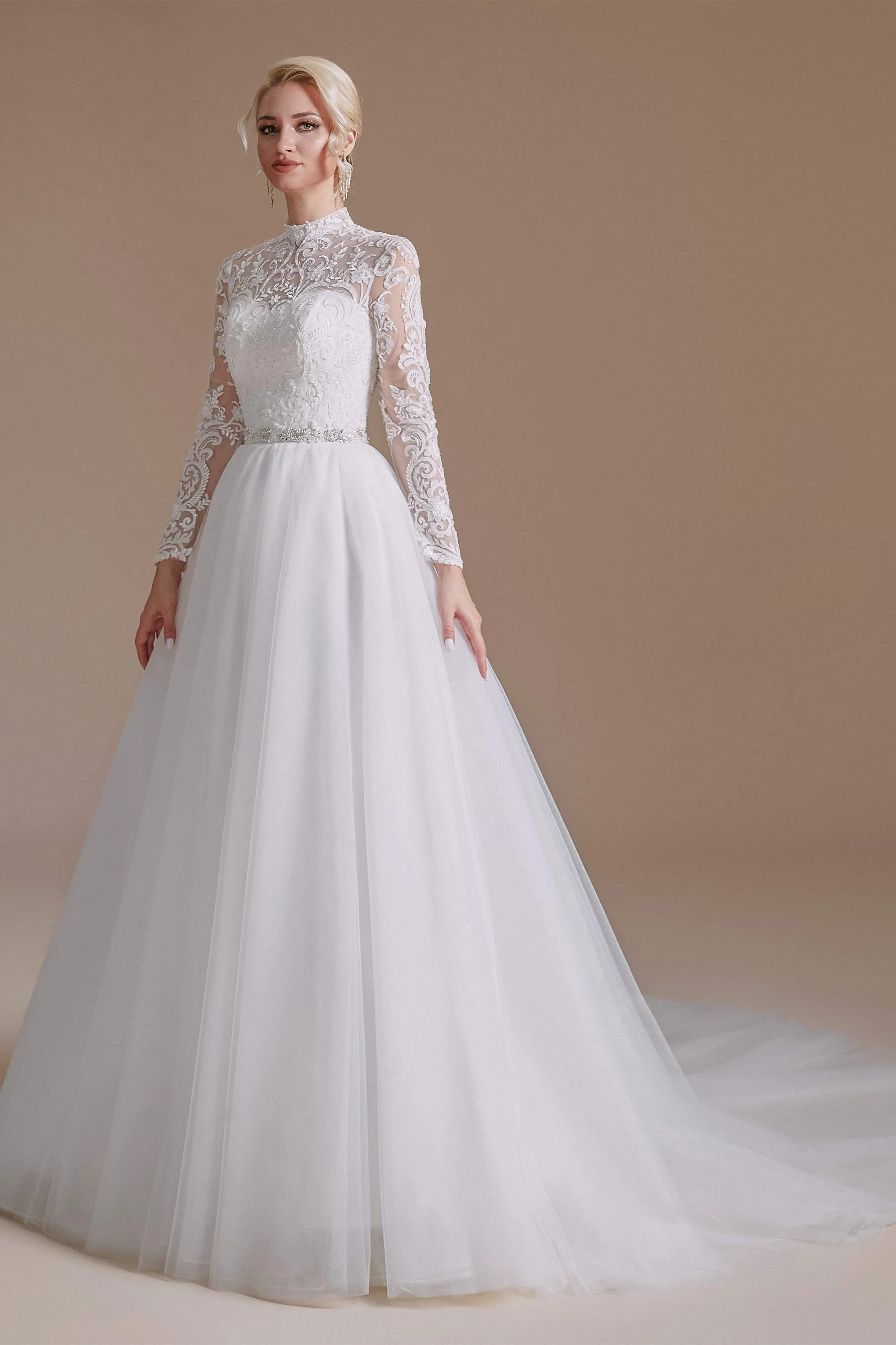 Long Sleeves High Neck with Tulle Train Full A-Line Wedding Dresses