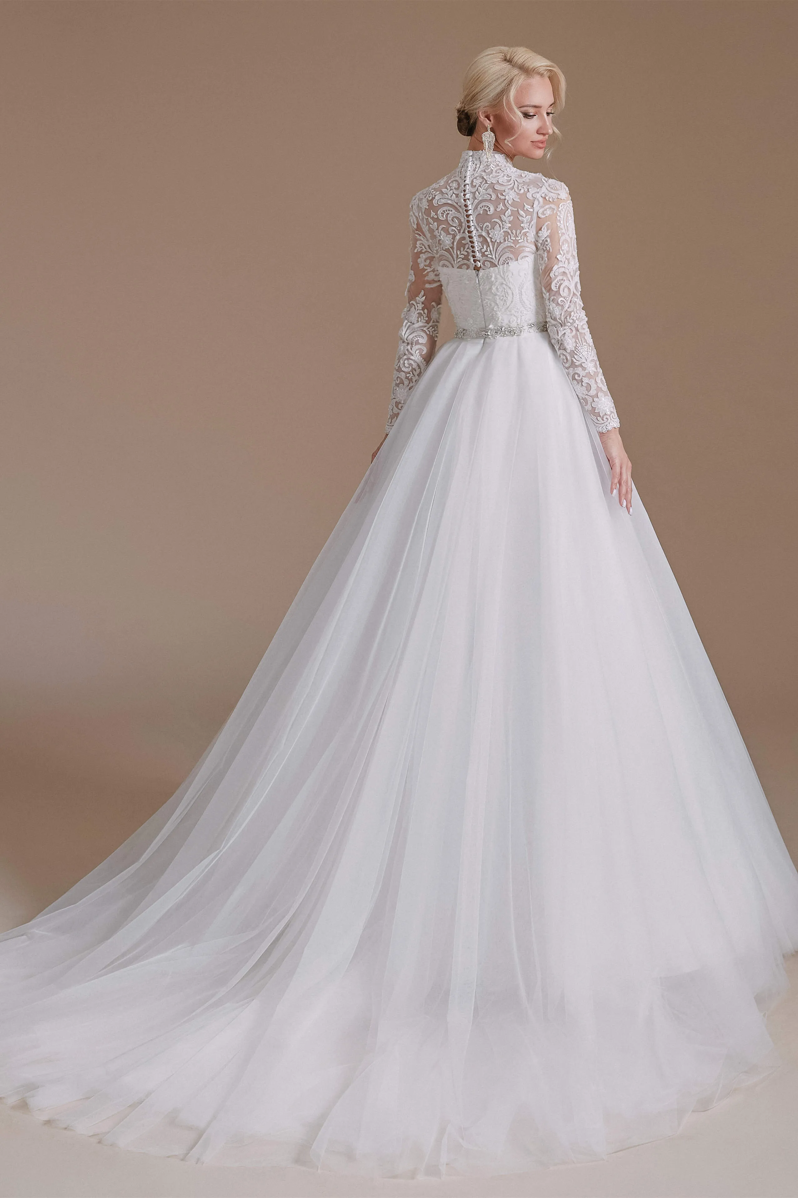 Long Sleeves High Neck with Tulle Train Full A-Line Wedding Dresses