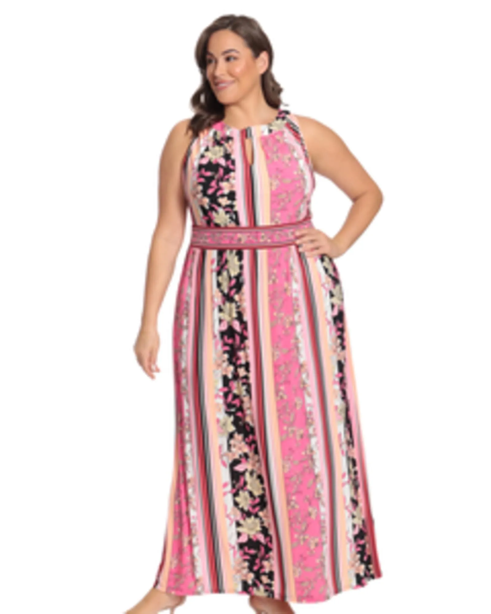 Maria Keyhole Halter Maxi Dress | White/Pink