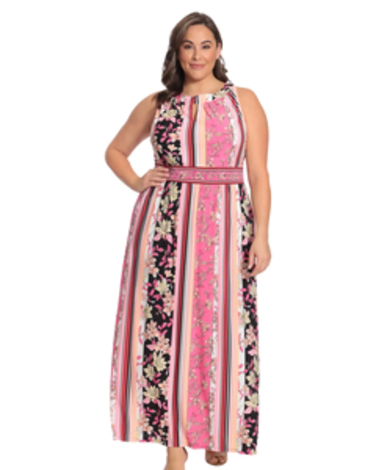 Maria Keyhole Halter Maxi Dress | White/Pink