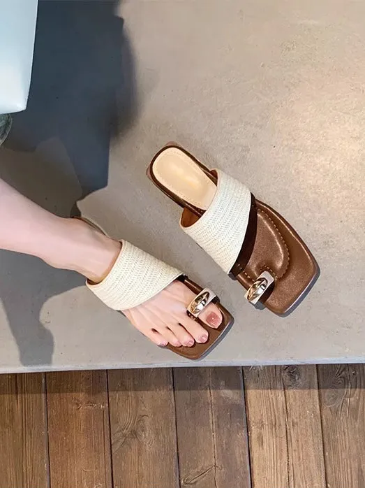 Metal Square Toe Woven Straw Sandals