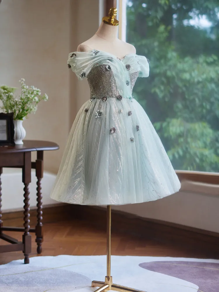 Mint Green A-Line Off the Shoulder Tulle Homecoming Dresses