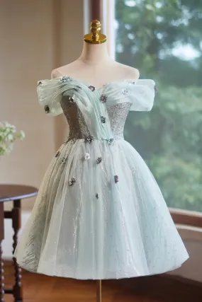 Mint Green A-Line Off the Shoulder Tulle Homecoming Dresses